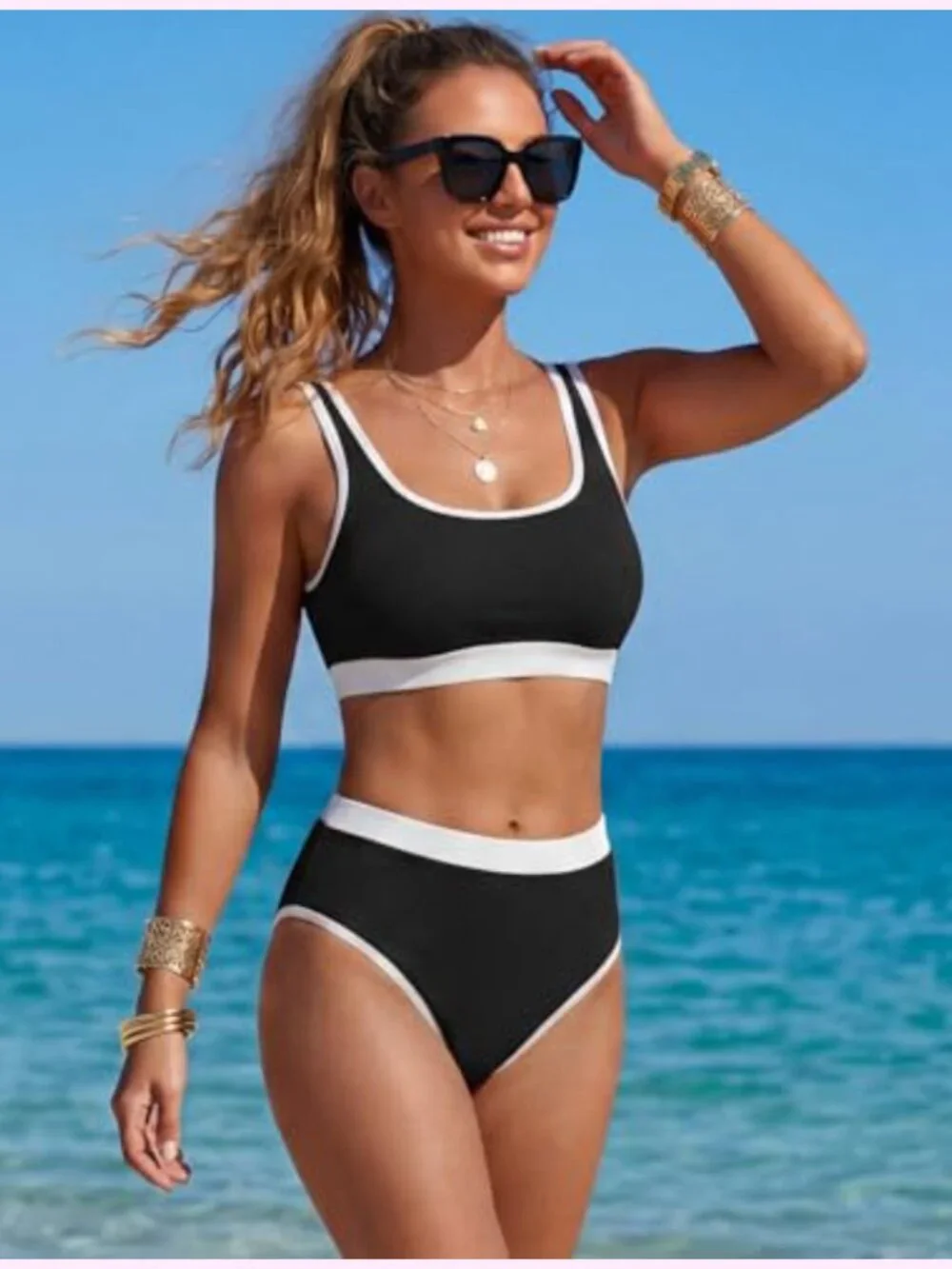 Ribbed High Waisted Bikini Set Full Coverage Sporty 2 Piece Swimsuit
